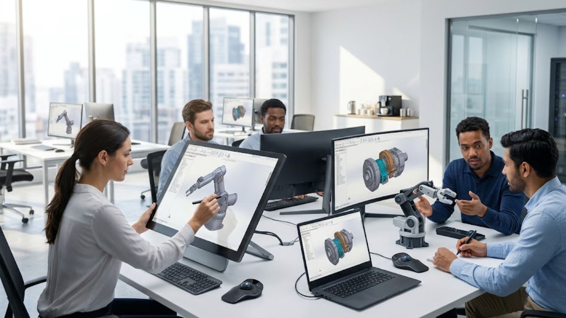 Cloud Native CAD Design Collaboration and Teamwork Engineering team collaborating on 3D mechanical CAD designs using cloud native design platforms and desktop computers