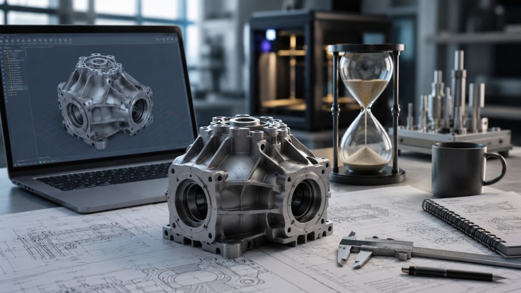 3D CAD design model on a laptop next to a manufactured mechanical prototype housing and hourglass representing production lead time